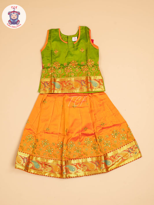 Green & Orange - Embriodered Pavadai Sattai