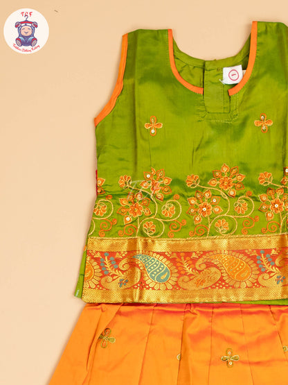Green & Orange - Embriodered Pavadai Sattai