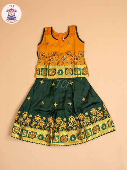 Mustard & Dark Green - Embriodered Pavadai Sattai