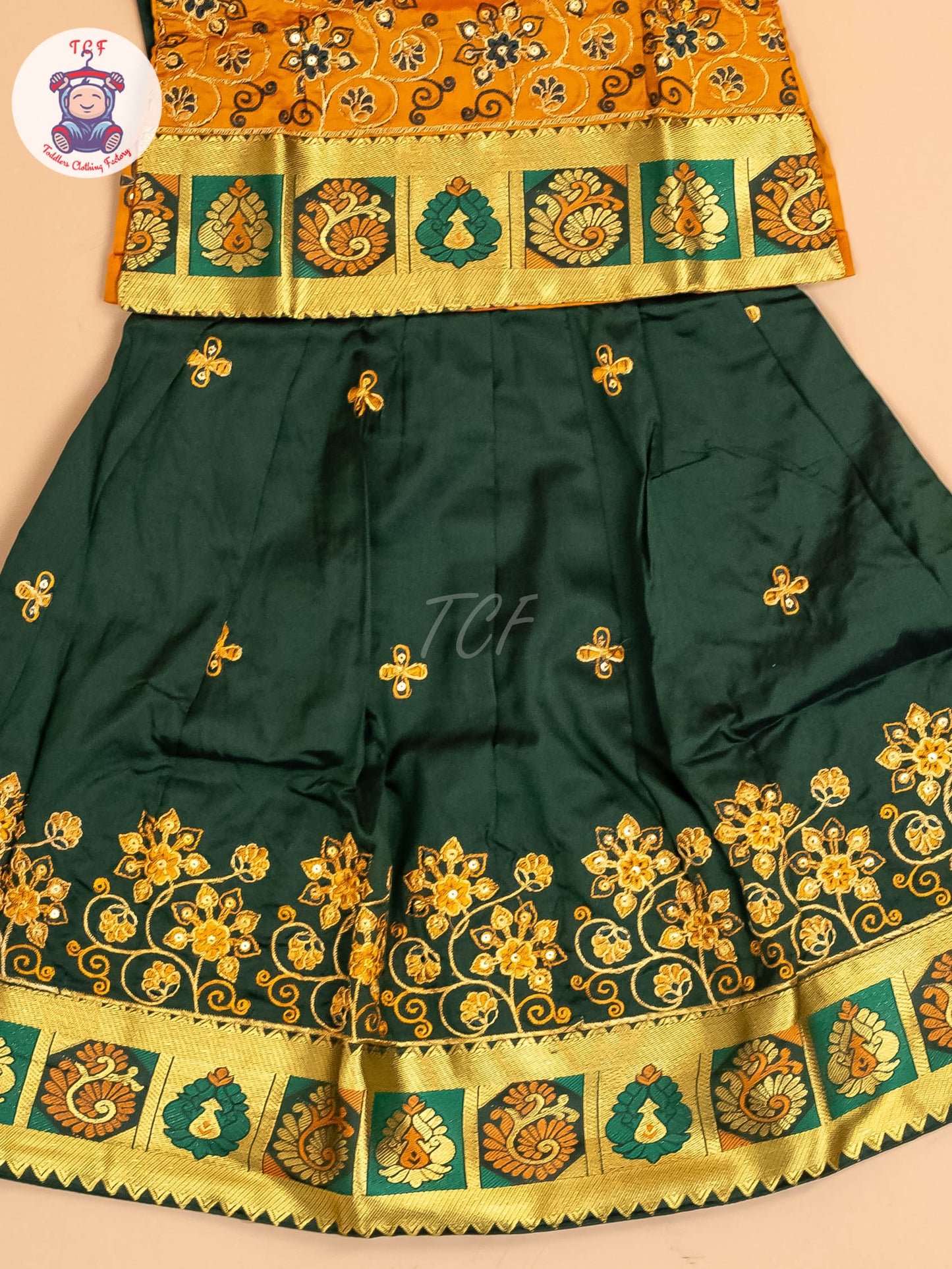 Mustard & Dark Green - Embriodered Pavadai Sattai