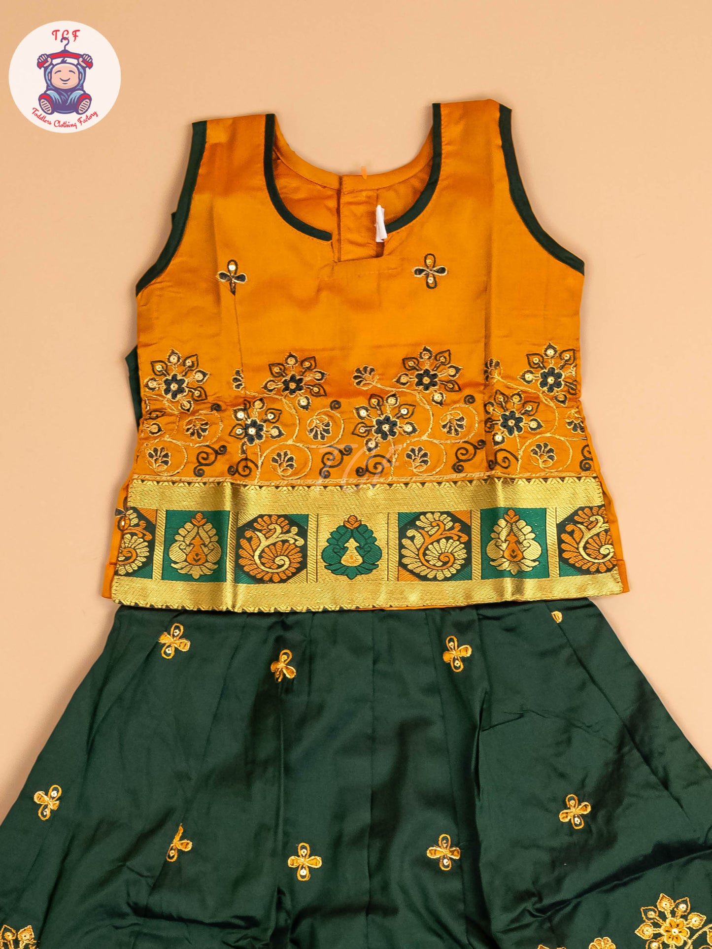 Mustard & Dark Green - Embriodered Pavadai Sattai