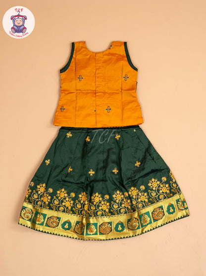 Mustard & Dark Green - Embriodered Pavadai Sattai
