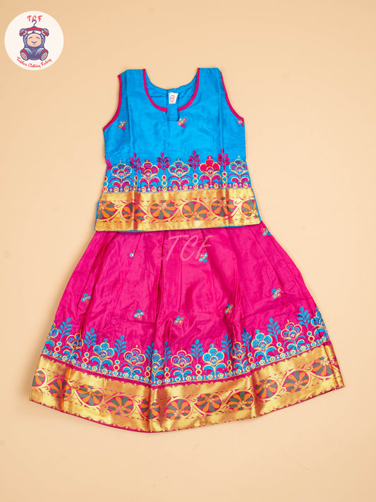 Sky Blue & Magenta - Embriodered Pavadai Sattai