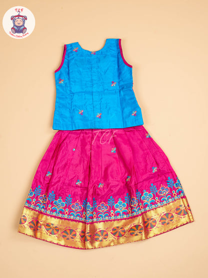 Sky Blue & Magenta - Embriodered Pavadai Sattai