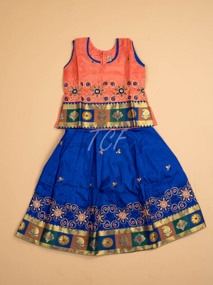 Peach & Blue - Embriodered Pavadai Sattai