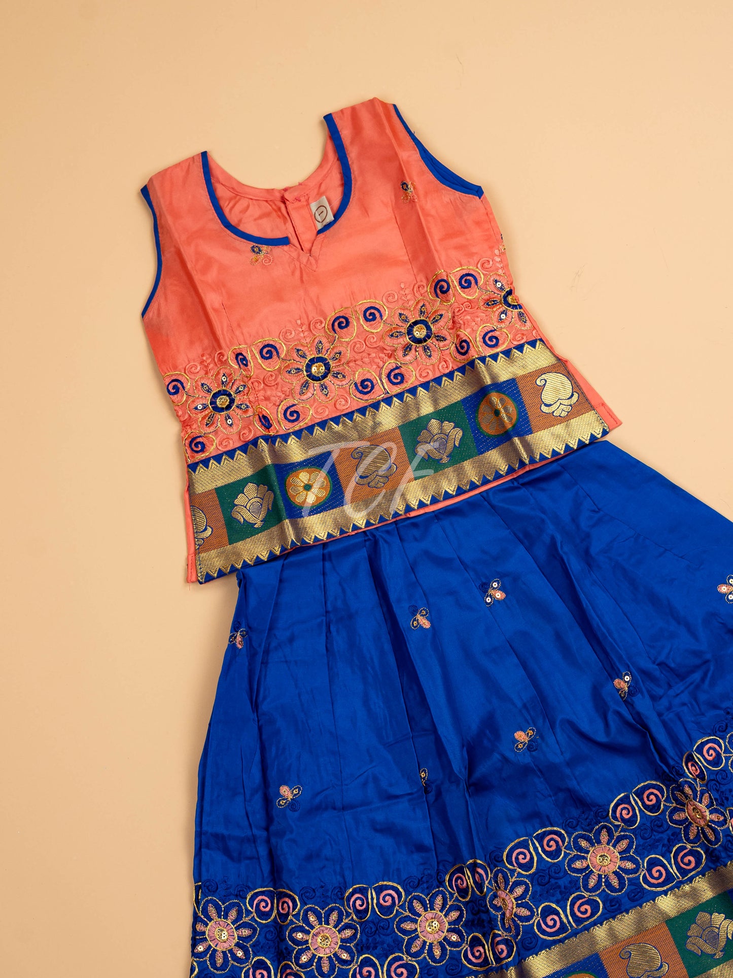 Peach & Blue - Embriodered Pavadai Sattai