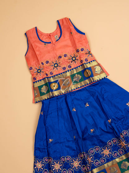 Peach & Blue - Embriodered Pavadai Sattai