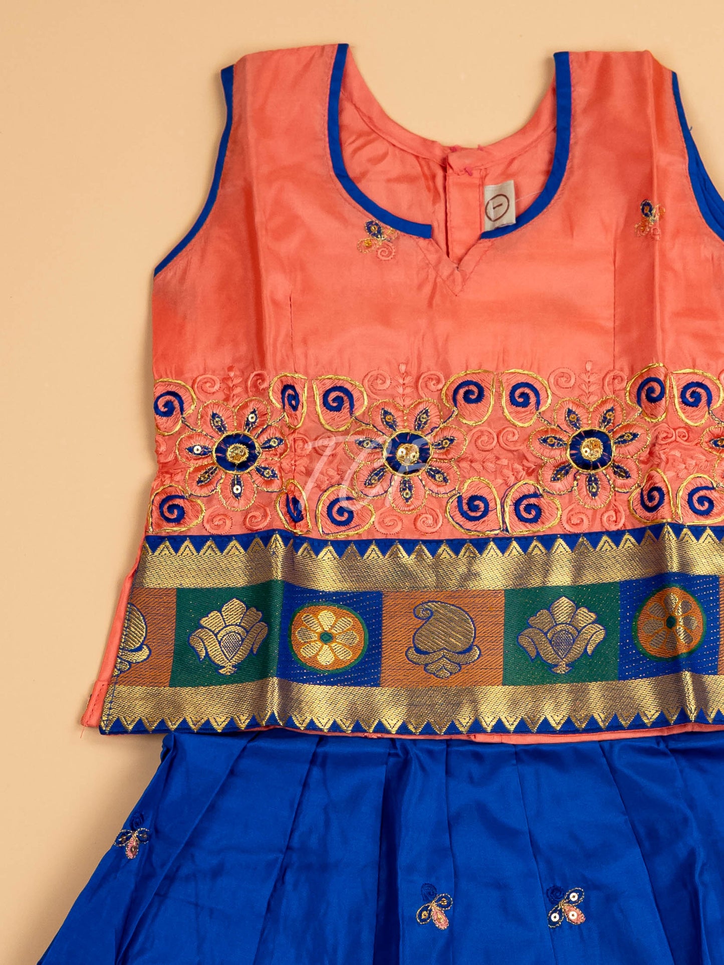 Peach & Blue - Embriodered Pavadai Sattai