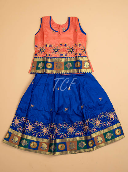 Peach & Blue - Embriodered Pavadai Sattai