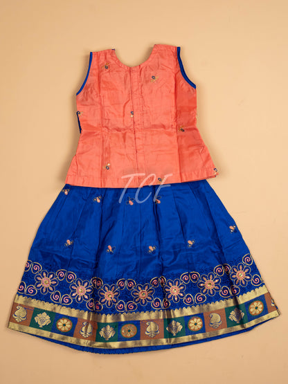 Peach & Blue - Embriodered Pavadai Sattai