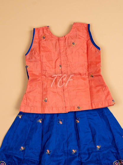 Peach & Blue - Embriodered Pavadai Sattai