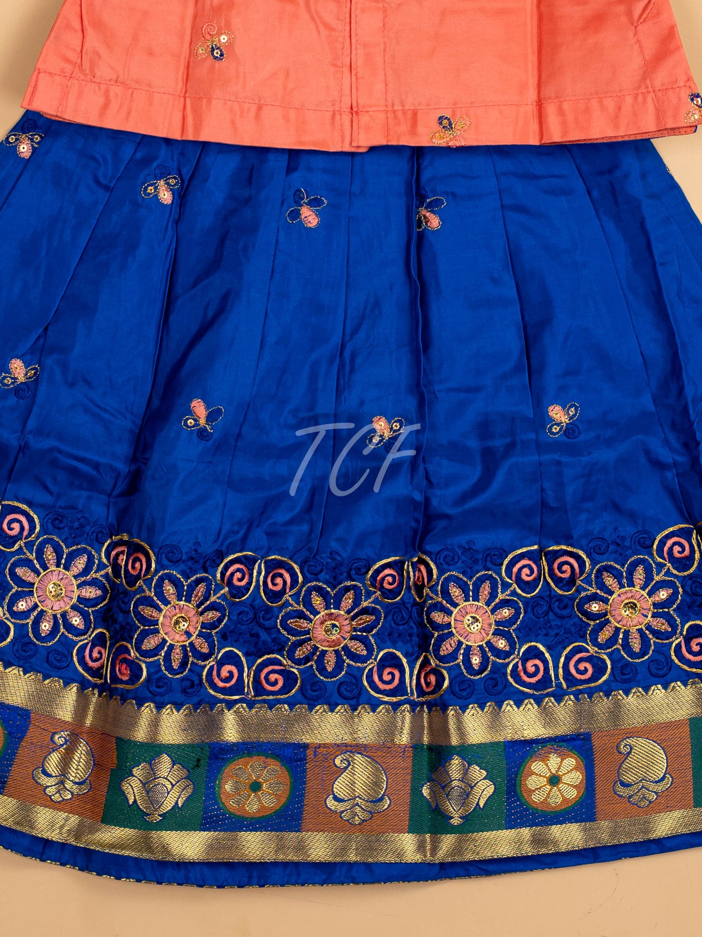 Peach & Blue - Embriodered Pavadai Sattai