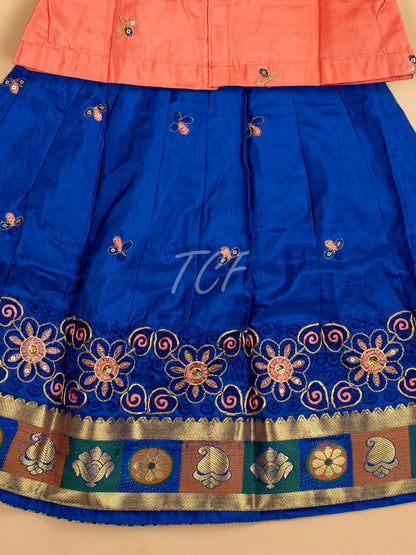 Peach & Blue - Embriodered Pavadai Sattai