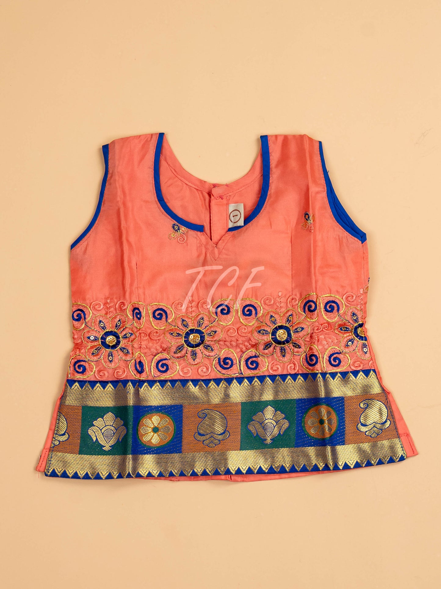 Peach & Blue - Embriodered Pavadai Sattai