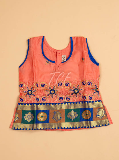 Peach & Blue - Embriodered Pavadai Sattai