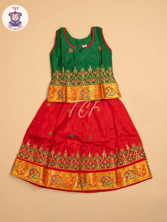 Green & Red - Embriodered Pavadai Sattai