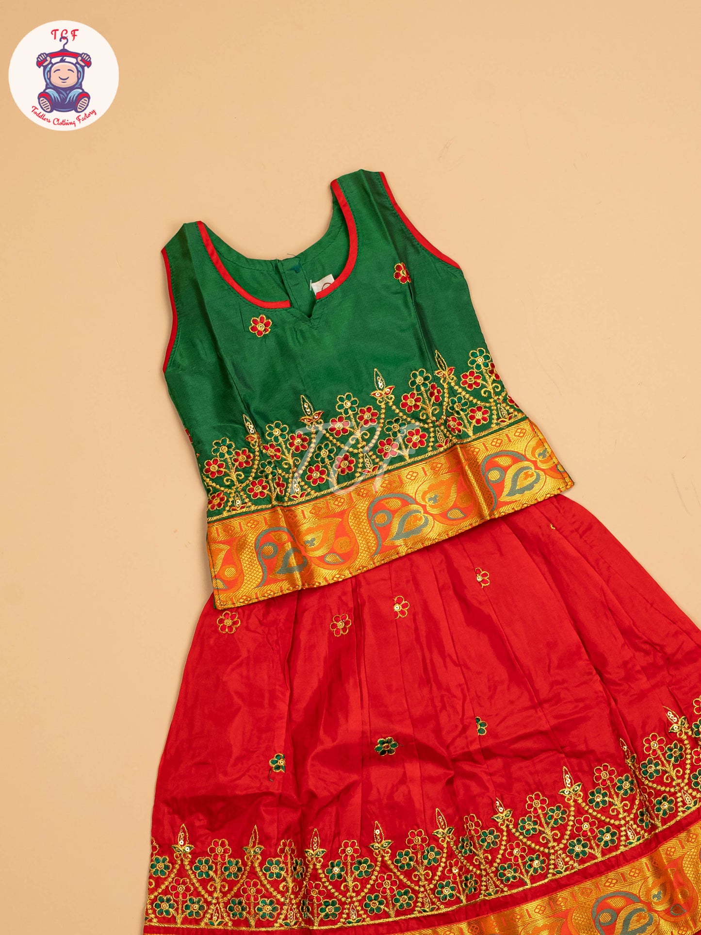 Green & Red - Embriodered Pavadai Sattai