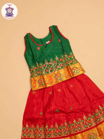 Green & Red - Embriodered Pavadai Sattai