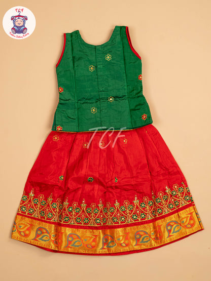 Green & Red - Embriodered Pavadai Sattai