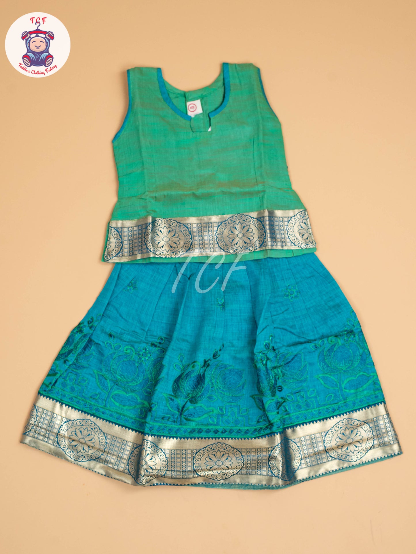 Green & Teal Blue - Embriodered Pavadai Sattai