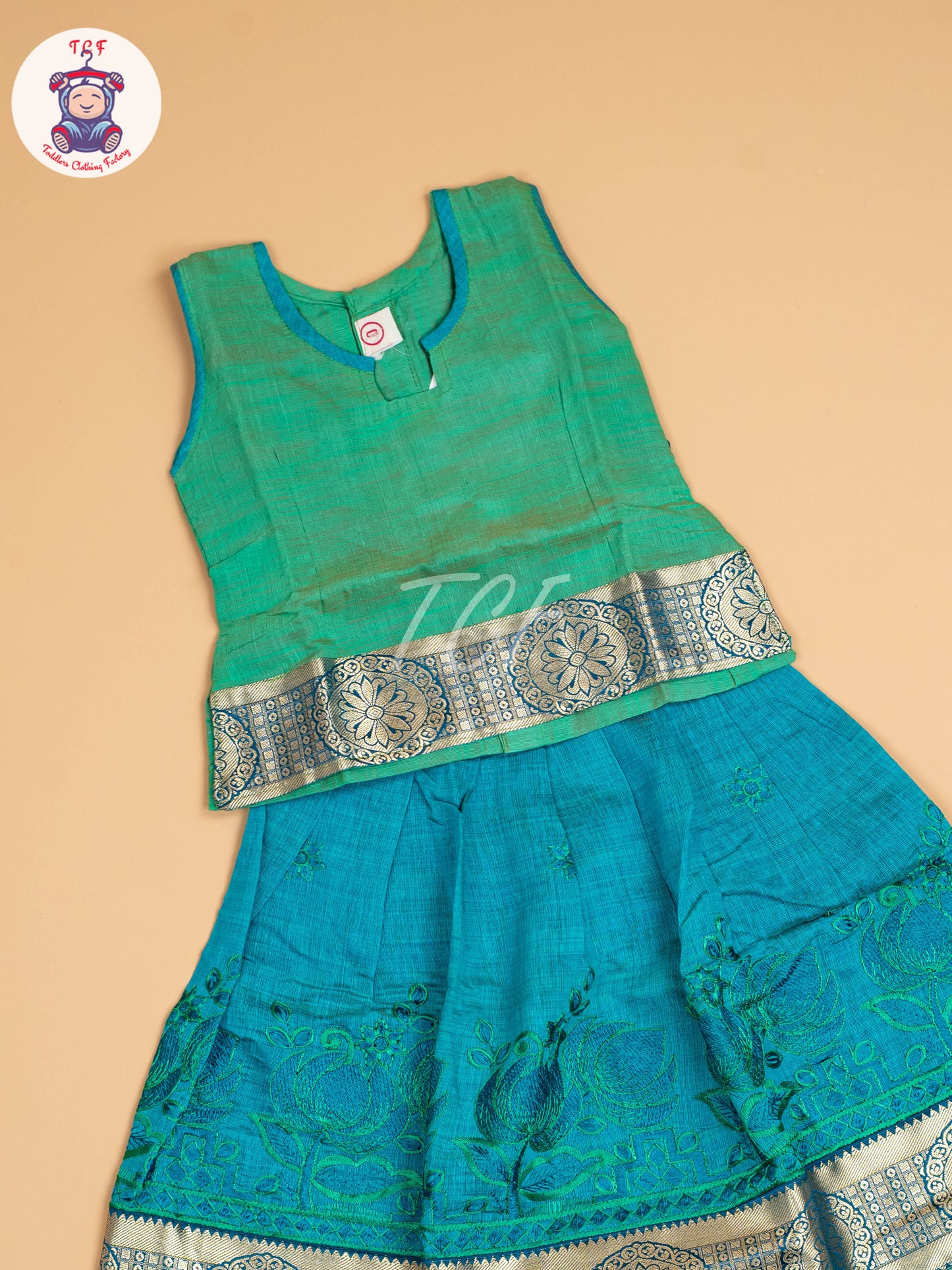 Green & Teal Blue - Embriodered Pavadai Sattai