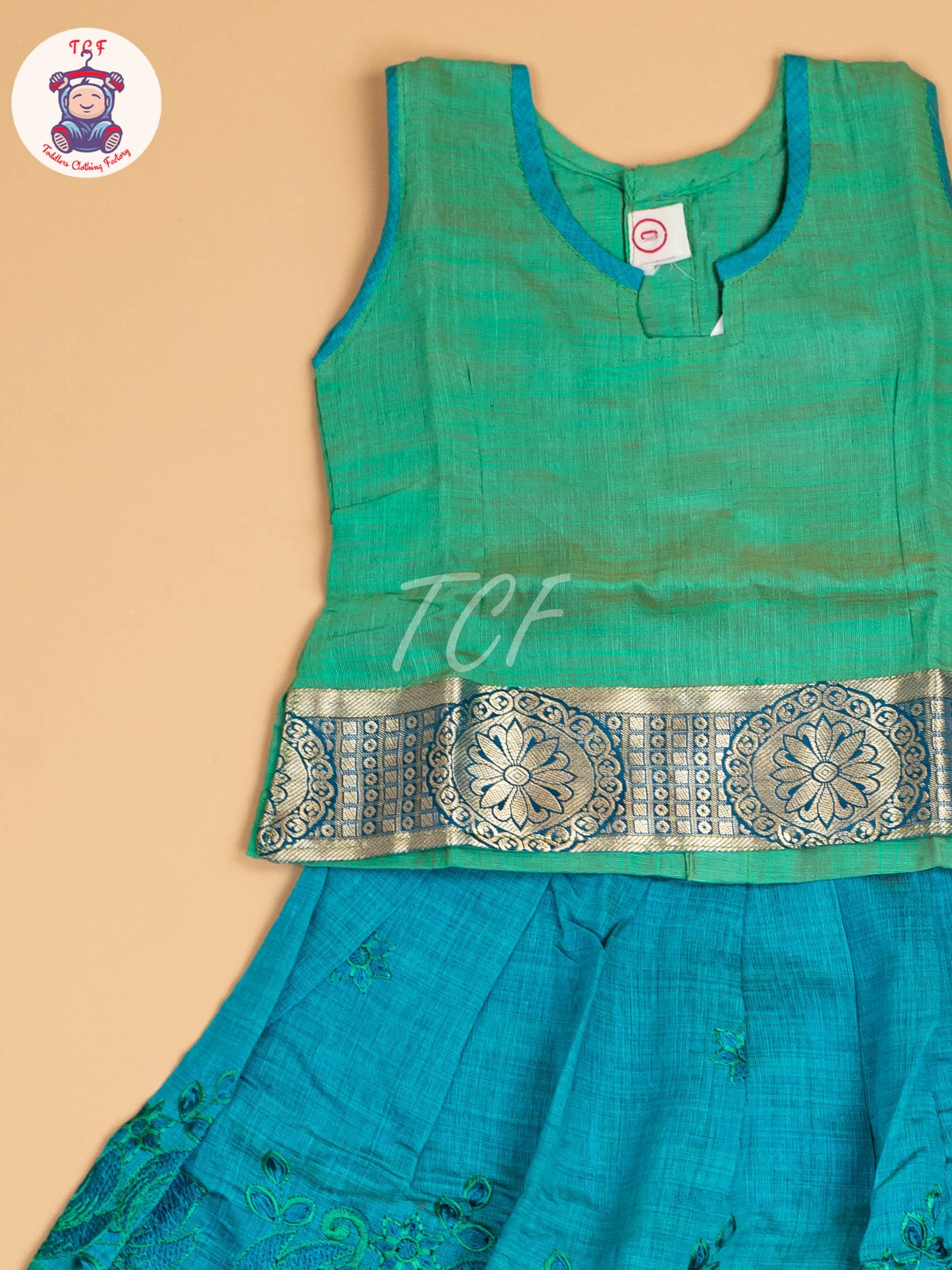 Green & Teal Blue - Embriodered Pavadai Sattai