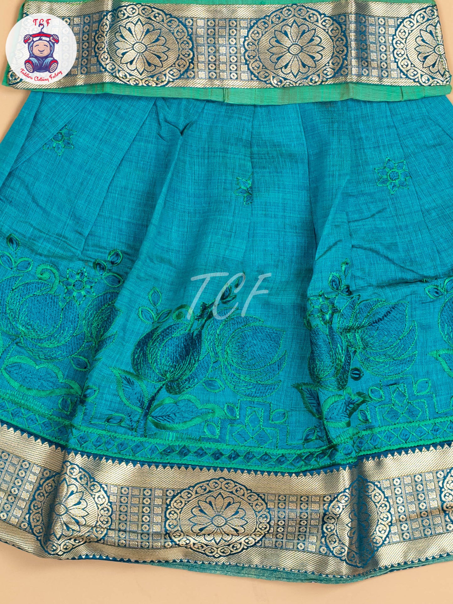 Green & Teal Blue - Embriodered Pavadai Sattai
