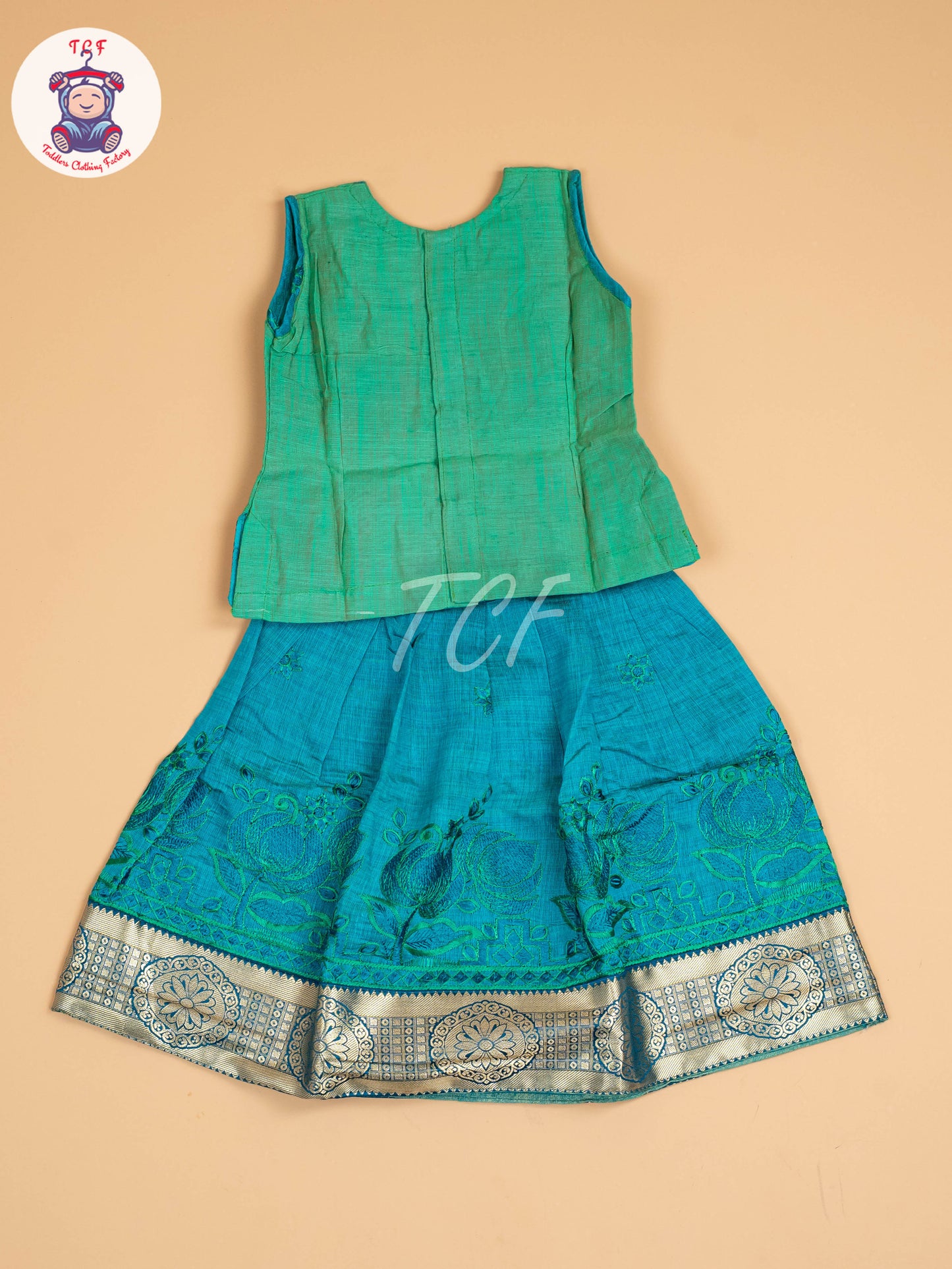 Green & Teal Blue - Embriodered Pavadai Sattai