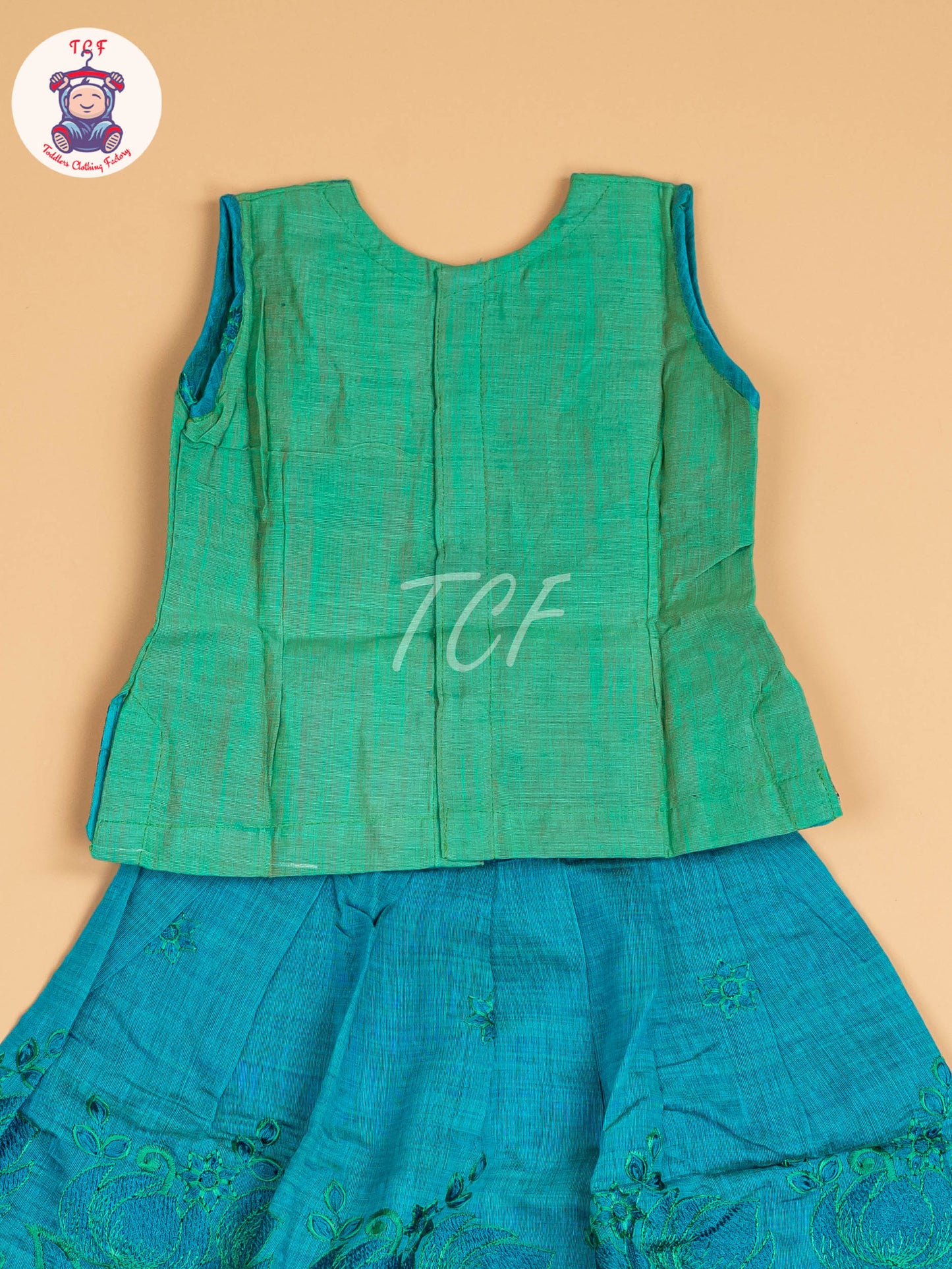 Green & Teal Blue - Embriodered Pavadai Sattai