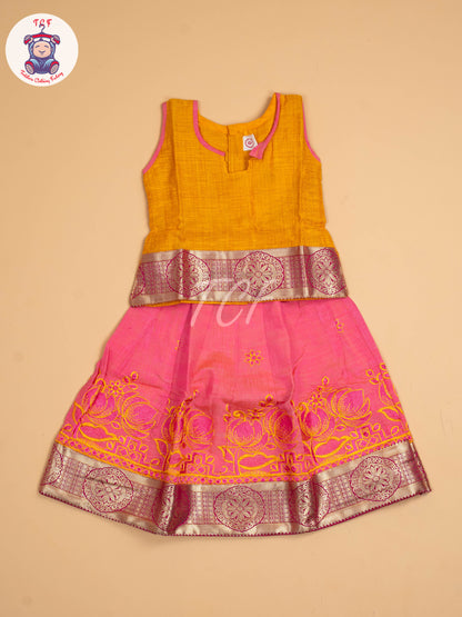 Mustard & Pink - Embriodered Pavadai Sattai