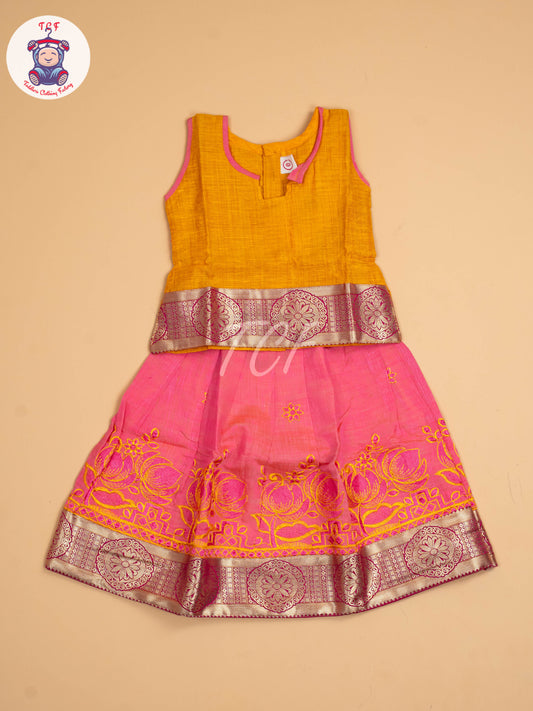 Mustard & Pink - Embriodered Pavadai Sattai