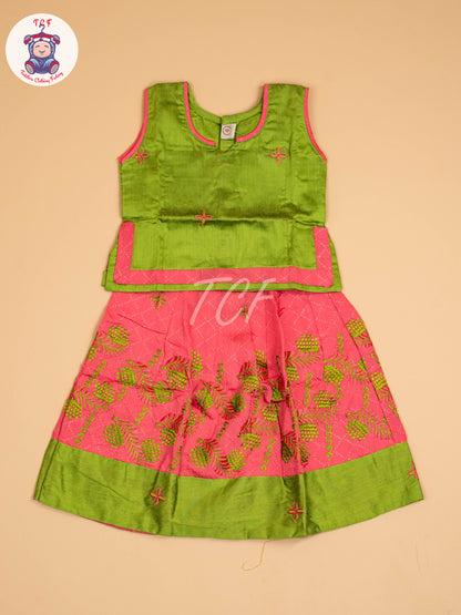Leaf Green & Pink - Embriodered Pavadai Sattai