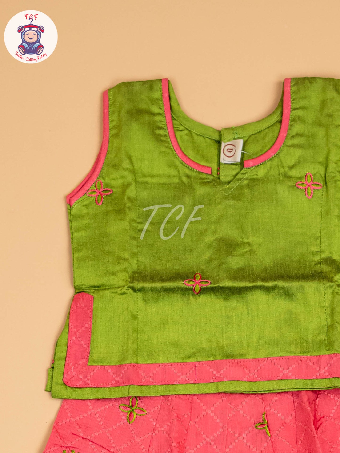 Leaf Green & Pink - Embriodered Pavadai Sattai