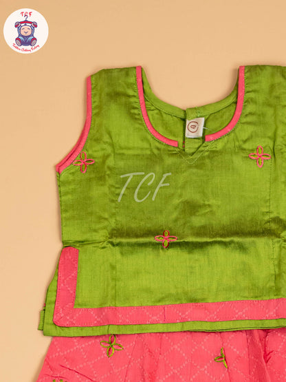 Leaf Green & Pink - Embriodered Pavadai Sattai