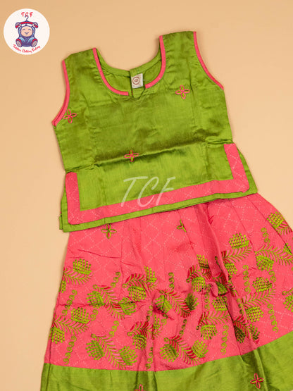 Leaf Green & Pink - Embriodered Pavadai Sattai