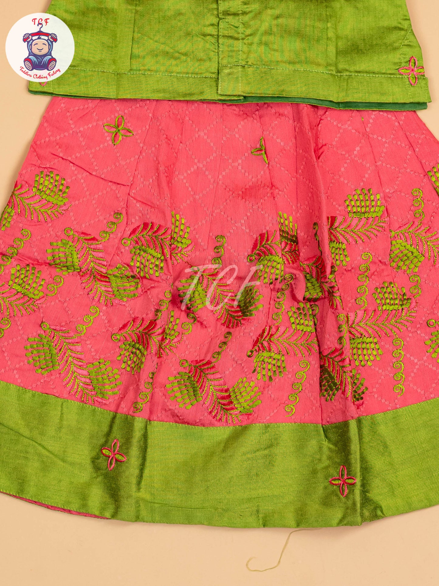 Leaf Green & Pink - Embriodered Pavadai Sattai