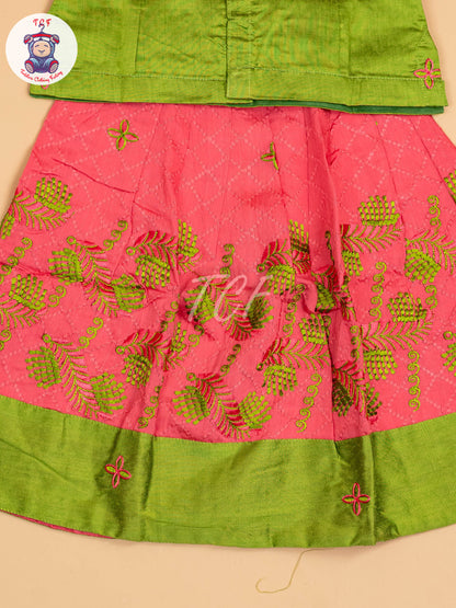 Leaf Green & Pink - Embriodered Pavadai Sattai