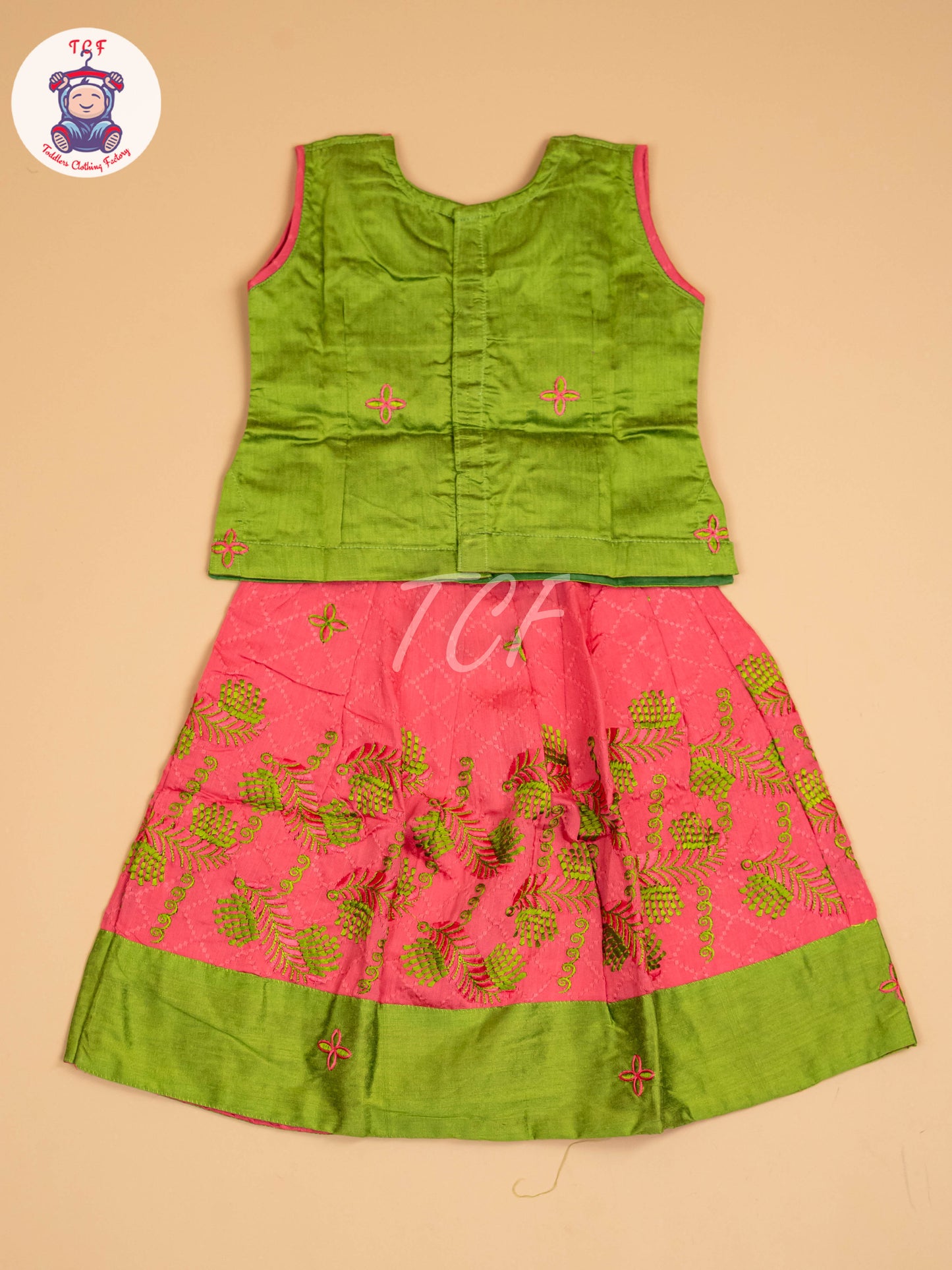 Leaf Green & Pink - Embriodered Pavadai Sattai