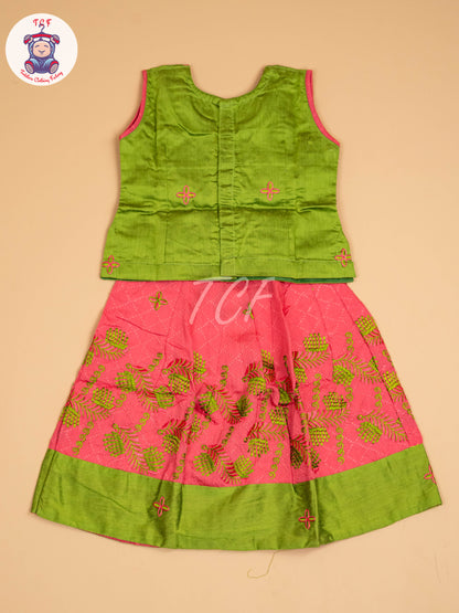 Leaf Green & Pink - Embriodered Pavadai Sattai
