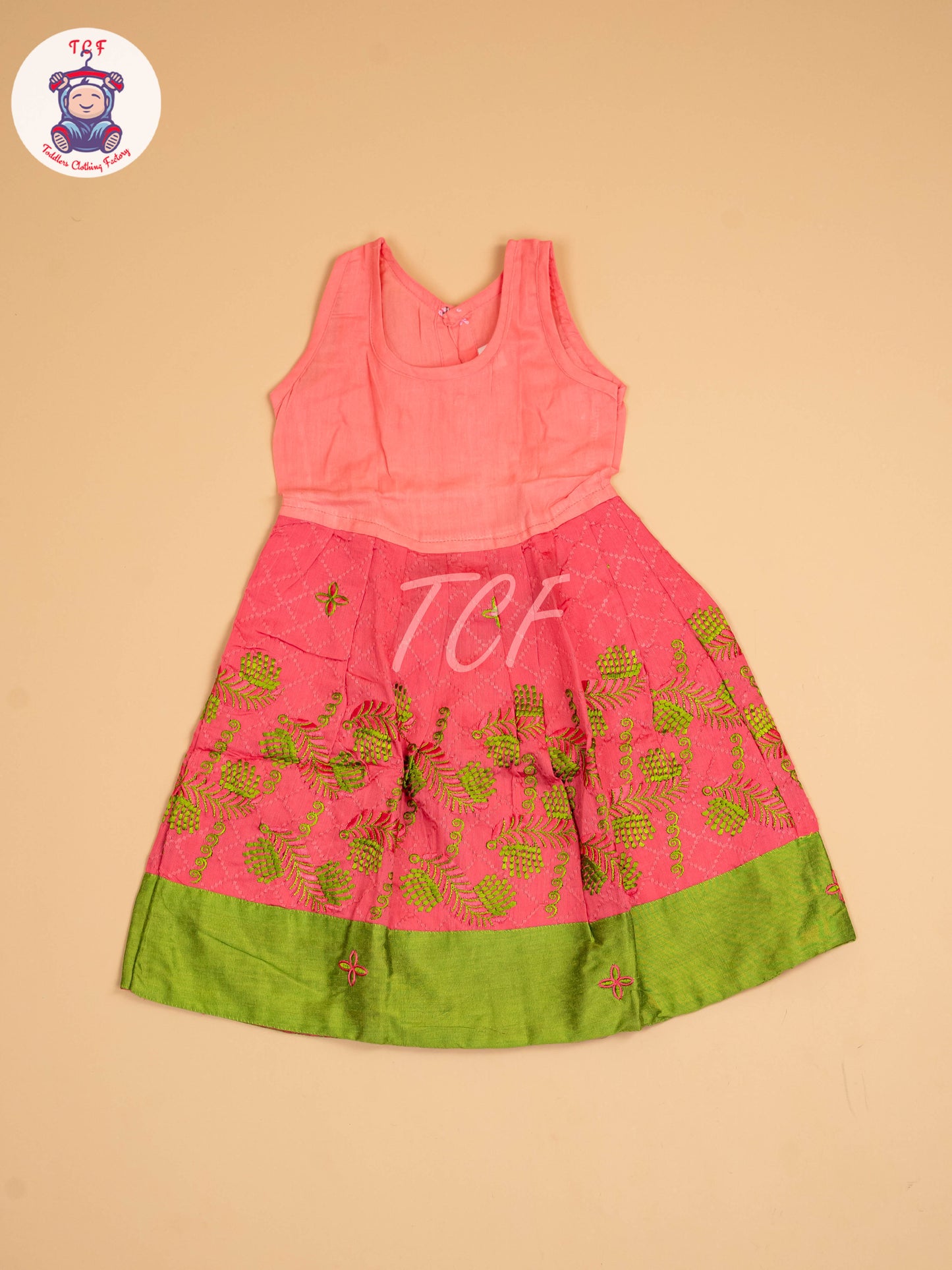 Leaf Green & Pink - Embriodered Pavadai Sattai