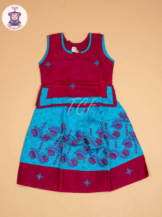 Pink & Sky Blue - Embriodered Pavadai Sattai