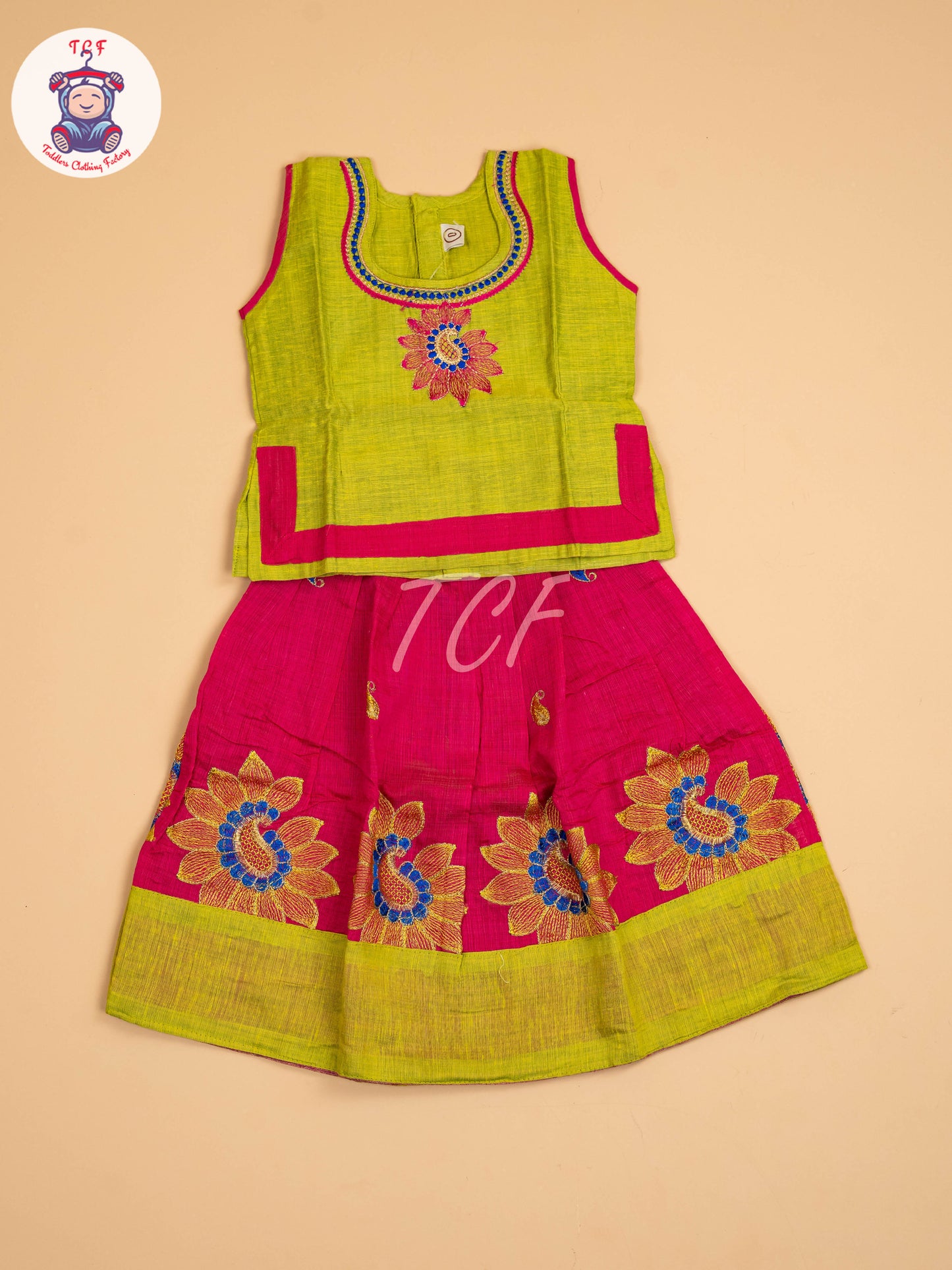 Lite Green & Pink - Embriodered Pavadai Sattai