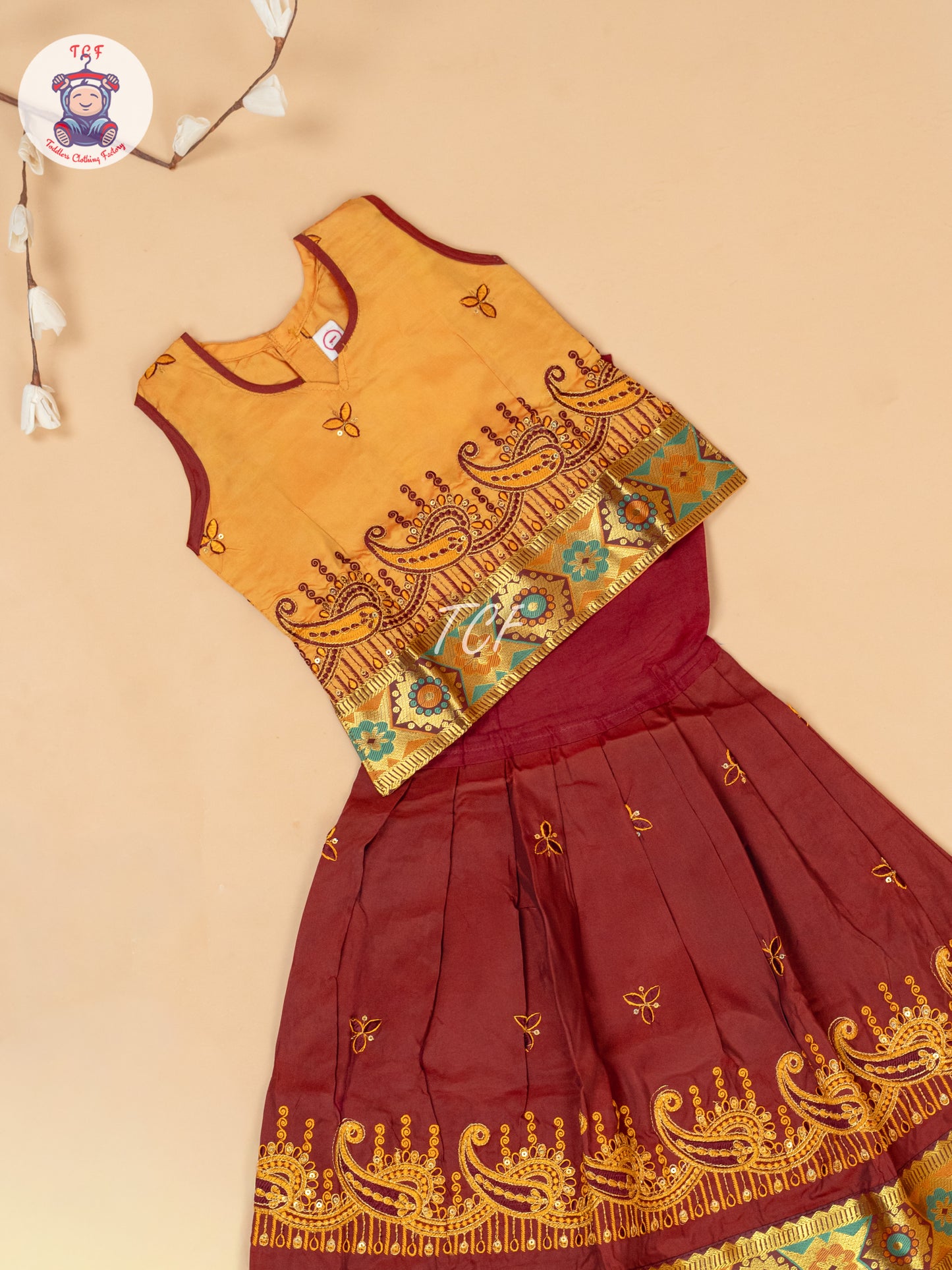 Mustard & Maroon - Embriodered Pavadai Sattai