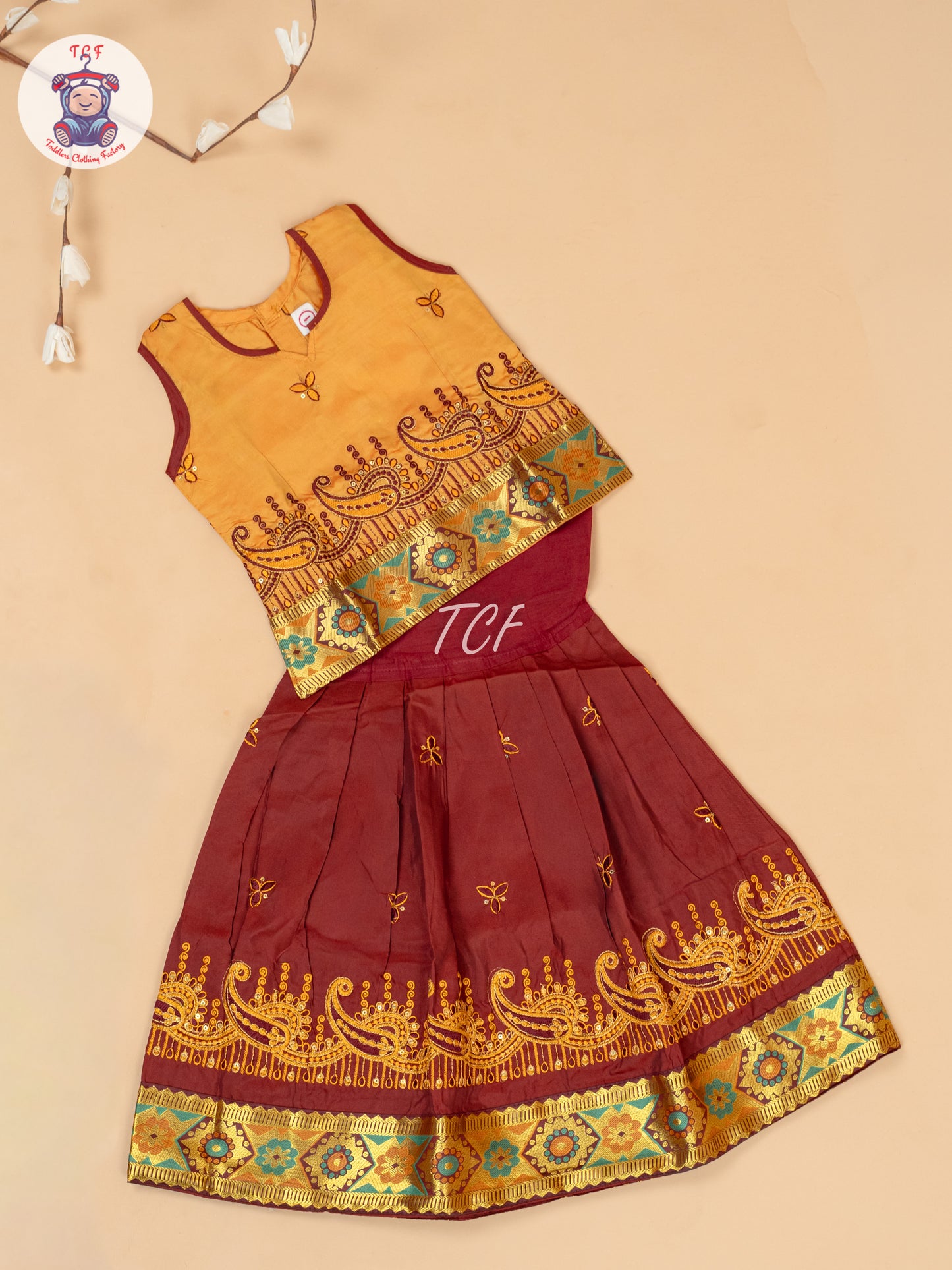 Mustard & Maroon - Embriodered Pavadai Sattai