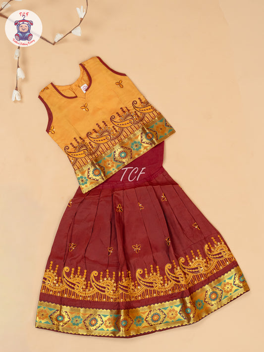 Mustard & Maroon - Embriodered Pavadai Sattai