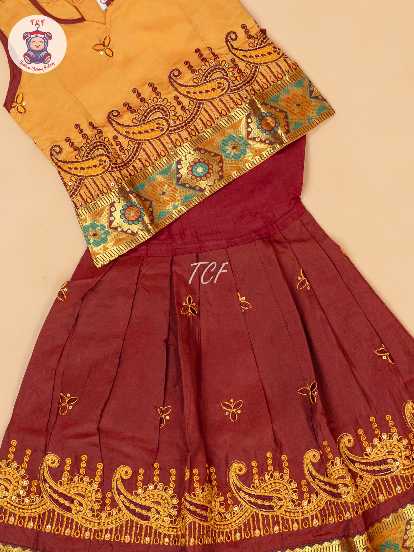 Mustard & Maroon - Embriodered Pavadai Sattai