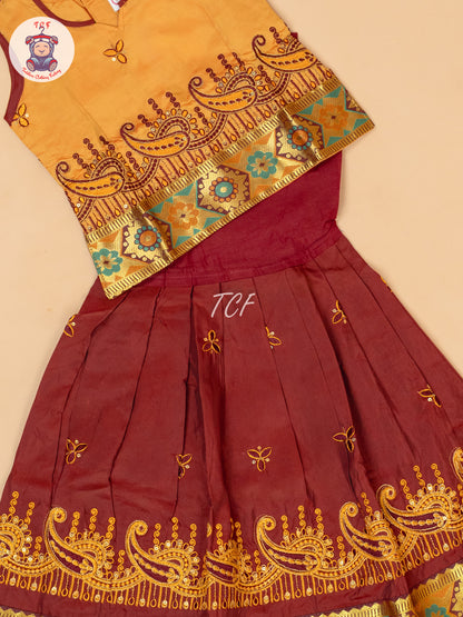 Mustard & Maroon - Embriodered Pavadai Sattai