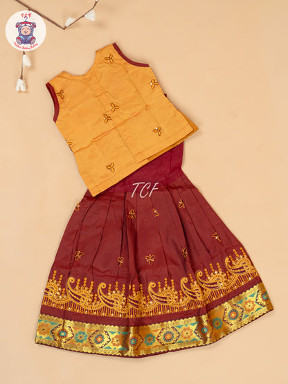 Mustard & Maroon - Embriodered Pavadai Sattai