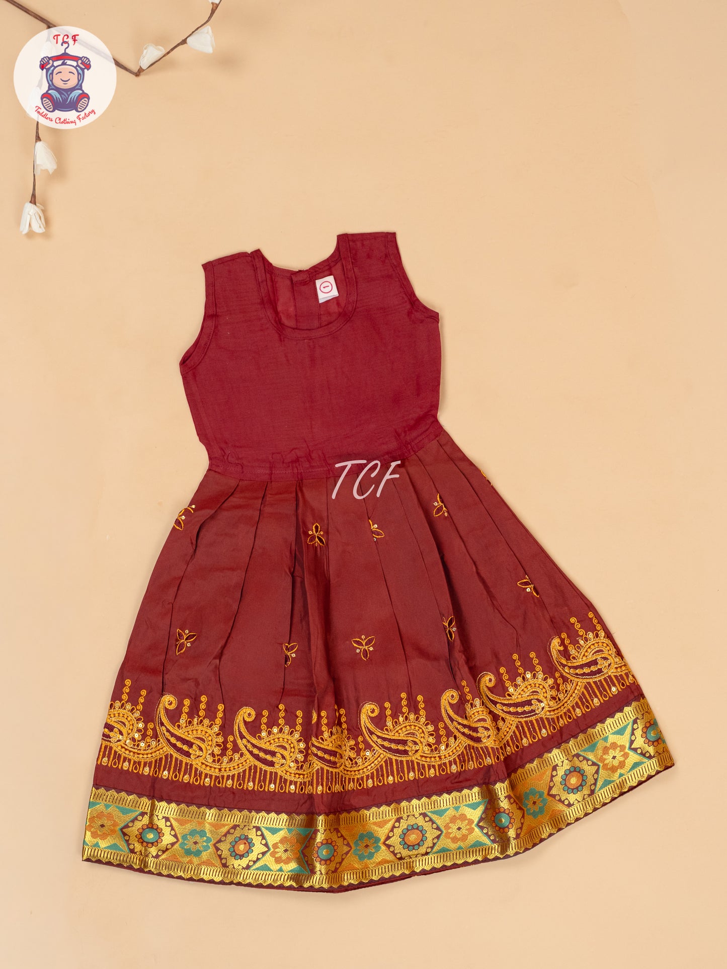 Mustard & Maroon - Embriodered Pavadai Sattai