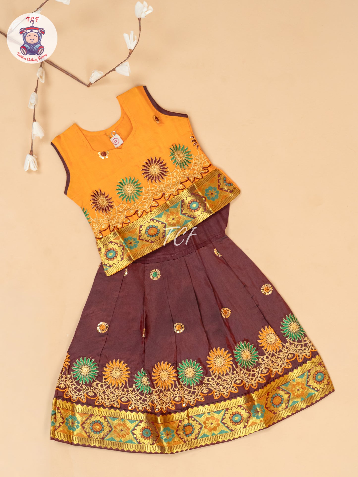 Mustard & Maroon - Embriodered Pavadai Sattai